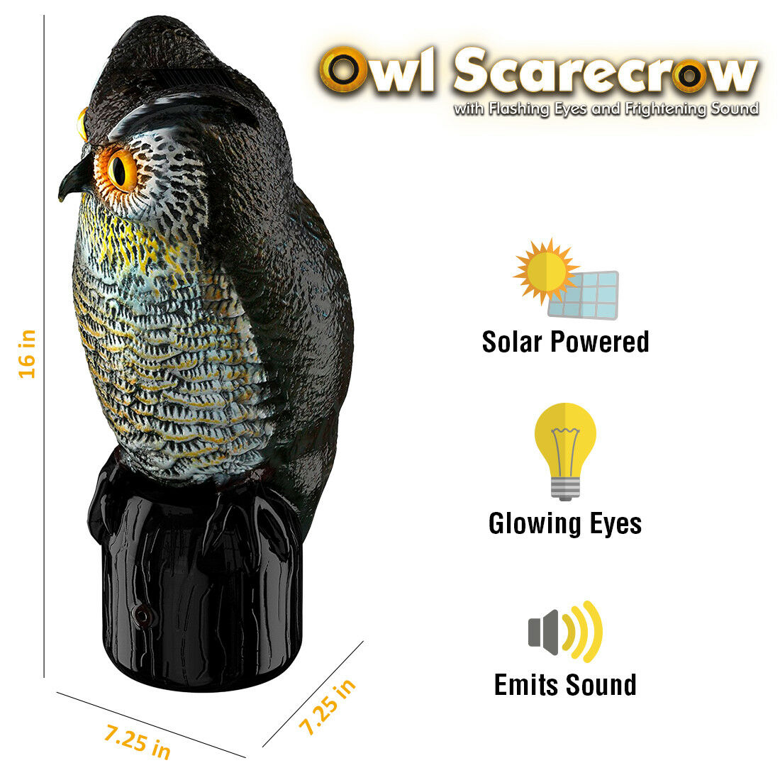 Fake Owl Animal Repellent, Flashing Eyes & Sound Motion Activated Solar